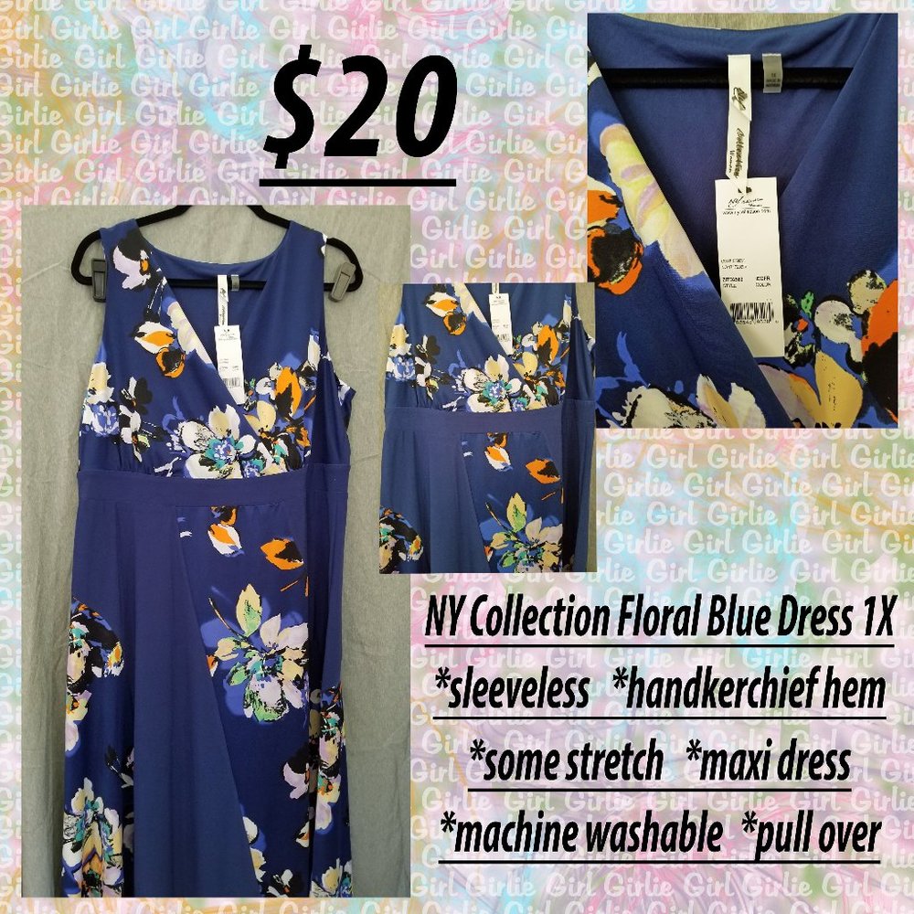 NY Collection Floral Blue Dress 1X